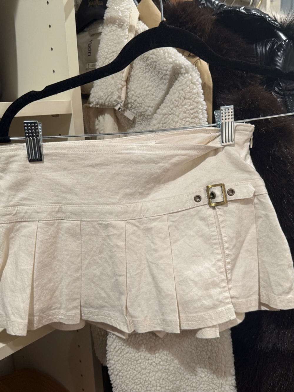 Urban Outfitters Cream Pleated Mini Skirt with Buckle Accent